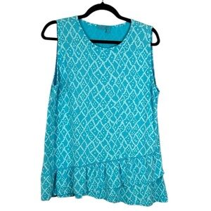 Fresh Produce Geometric Ruffled Hem Boho Cotton Modal Tank Top Large Turquoise